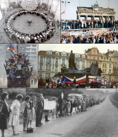 Las Revoluciones de 1989 marcaron el final de la Guerra Fría y el principio de la era de Post-Guerra Fría: Acuerdos de la Mesa Redonda en Polonia; Caída del Muro de Berlín en Alemania; Revolución de Rumania; Revolución de terciopelo ; y la Cadena Báltica.